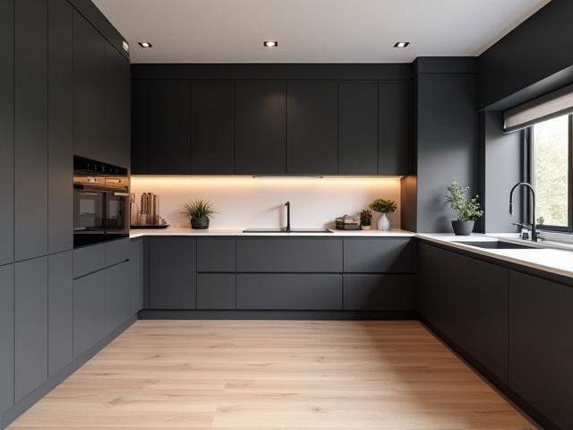 Et moderne kjøkken med rene linjer og mørke fronter i Oslo
