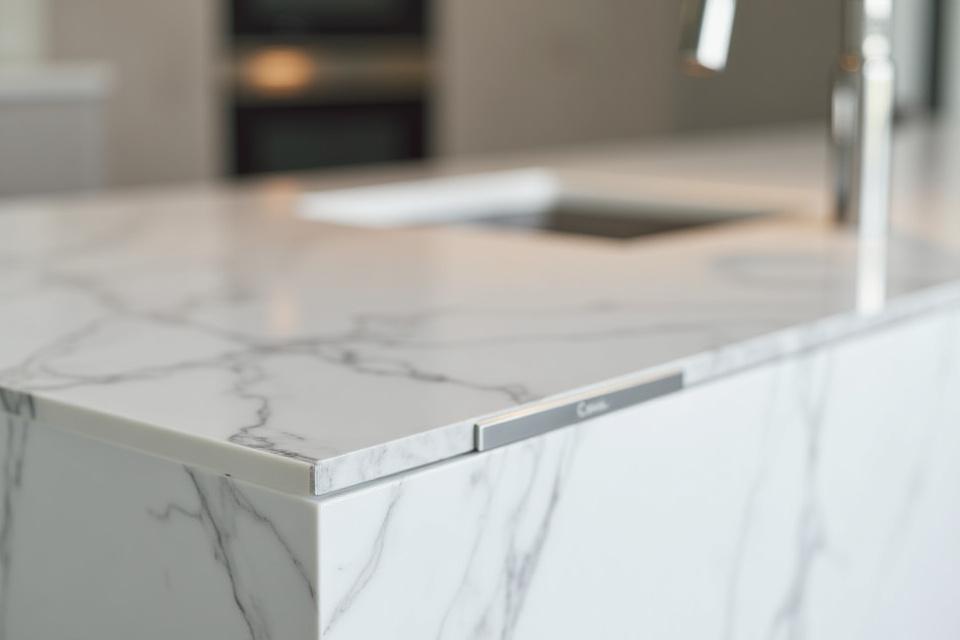 Moderne kjøkkenbenkeplate av kvarts med integrert vask og stilige armaturer