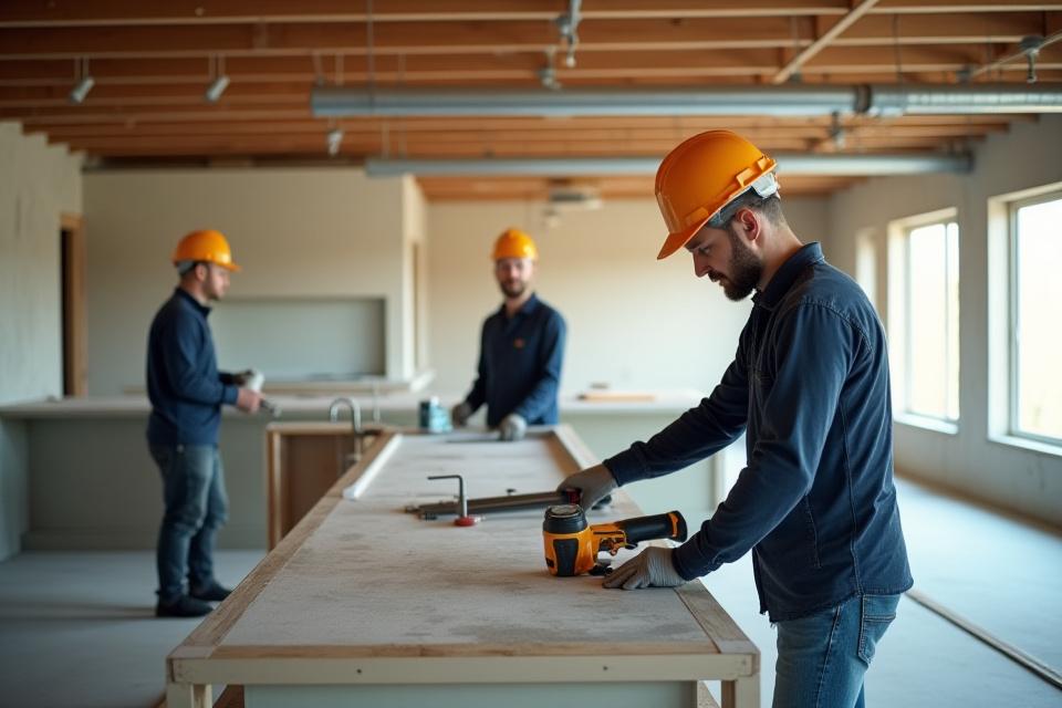 Håndverkere som arbeider i et kjøkken under renovering, med moderne verktøy og byggearbeid
